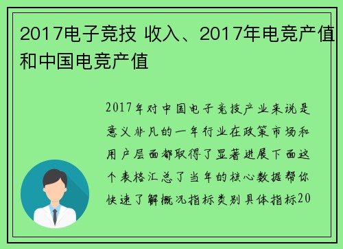 2017电子竞技 收入、2017年电竞产值和中国电竞产值